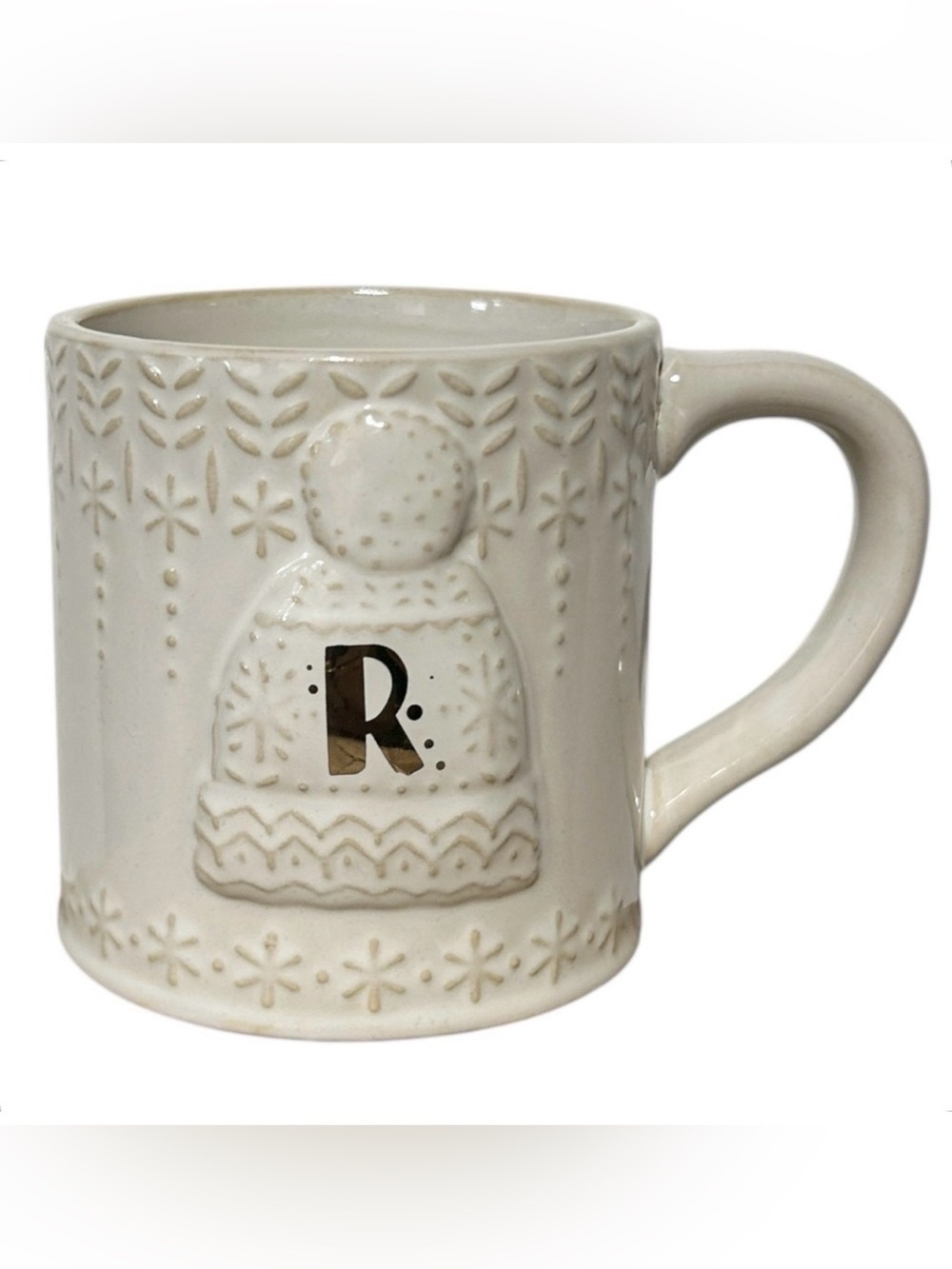 ANTHROPOLOGIE Beige / Gold "R" Monogram Ceramic Mug Coffee Cocoa Winter Knit Hat
